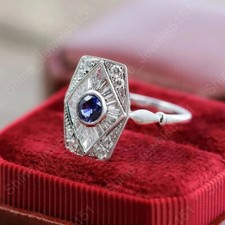 Art Deco 2Ct Round Cut Sapphire  Lab Created Diamond 925 Silver Engagement Ring
