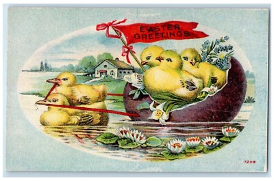 1913 Easter Greetings Hatched Egg Chicks Lily Flowers Burch Iowa IA Postcard