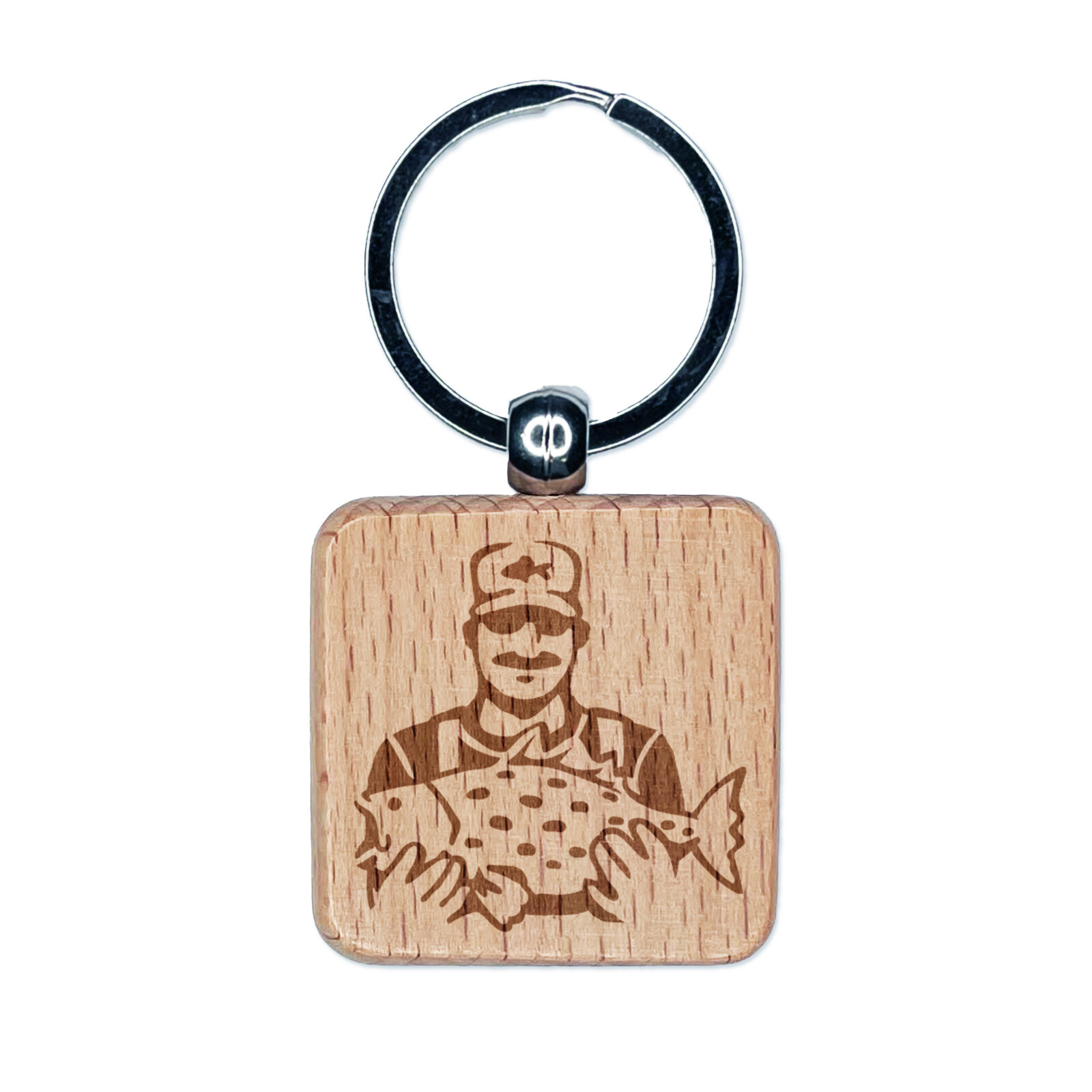 Fisherman Holding Fish Catch Engraved Wood Square Keychain Tag Charm