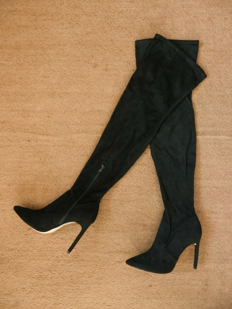 H&M Black Stretchy Faux Suede Point Toe Knee-high High Heels