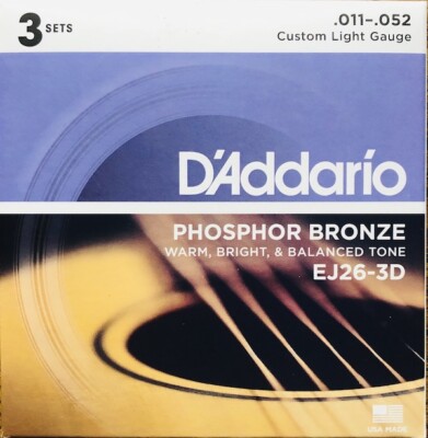 D'Addario EJ26-3D Phos Bronze Acoustic Guitar Strings; gauges 11-52; Three sets