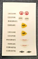 Strombecker vintage decal sheet for Jaguar, Cooper Maserati Ferrari & Corvette 