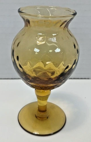 Vintage Mid Century Empoli Glass Italy Amber Optic Diamond Footed Mini-Vase