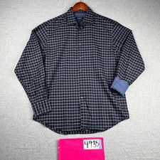 Bugatchi Shirt Large Navy Blue Check Flip Cuff Casual Button Up Short Sleeve Men
