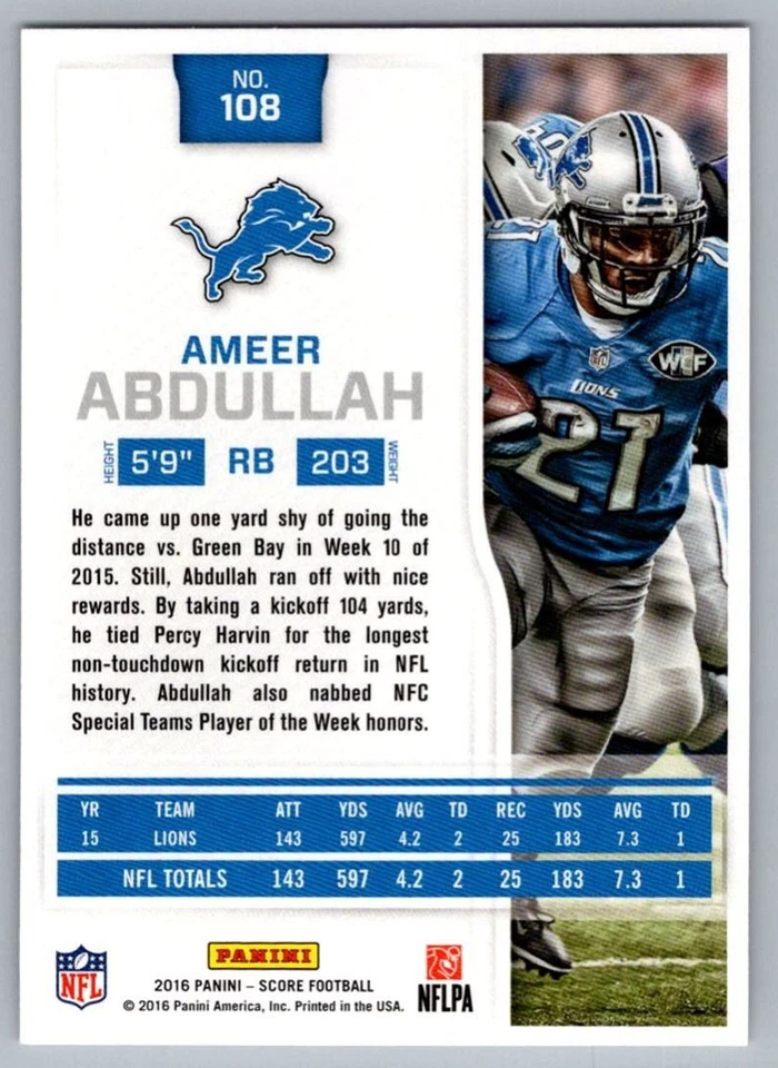 2016 Score Ameer Abdullah Detroit Lions #108 - Image 2 of 2