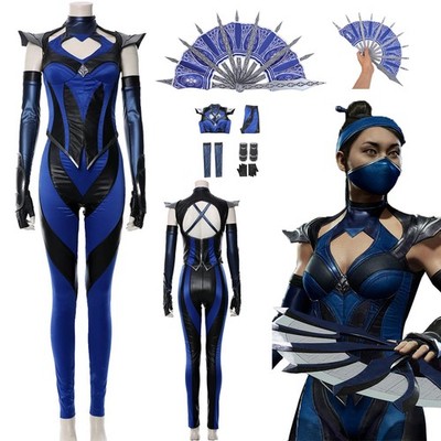 Mortal Kombat 11 Kitana MK Cosplay Halloween Blue Battle Fancy Dress Folding Fan