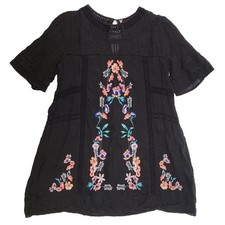 Free People Black Lace Trim Mini Dress Ruffle Short Sleeve Boho Size Medium