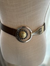 Belt Chico's Womens Adjustable Taupe Olive Leather Hammered Brass Buckle