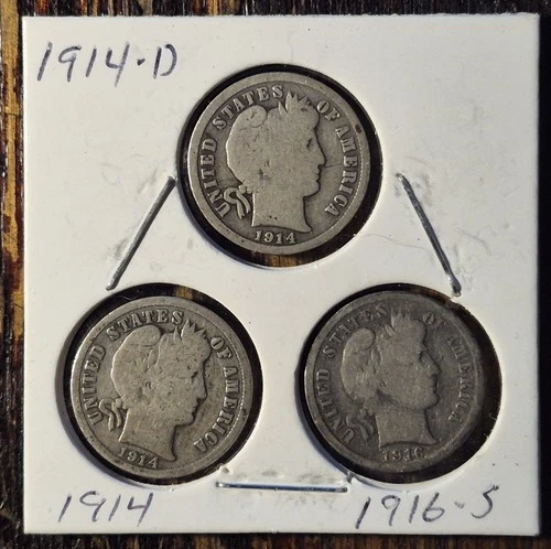 barber dimes lot of 3 circulated 90% silver 1914, 1914 D, 1916 S