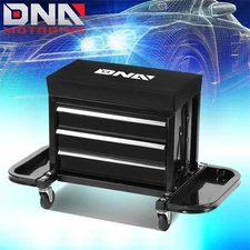 3 Drawer Padded Rolling Mechanic Tool Box Storage Chest Stool Creeper Seat Black