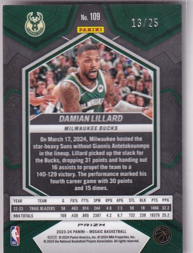 2023-24 Panini Mosaic No. 109 Damian Lillard Orange Prizm 13/25 - Picture 2 of 2