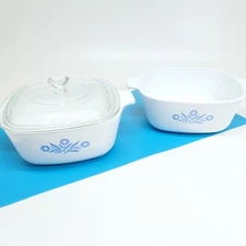Lot (2) Corning Ware Blue Cornflower P 1-1/2-B Casserole Dish w/One Lid Set T22B