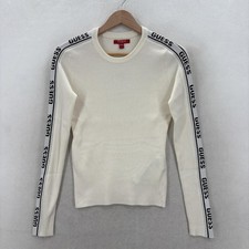 Guess Jasmine LS Sweater Womens Small White Logo Tape Ribbed Crew Neck Knit NWT
