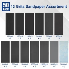 50pc Sand Paper Sandpaper Sheet 13 Assortments 120-5000 Grit Wet Dry Wood Metal