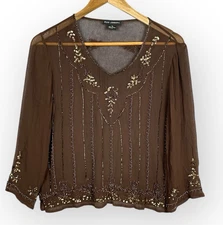 VTG Y2K Chocolate Brown Sheer Beaded Sequin Silk Top Women M Going Out Boho Luxe