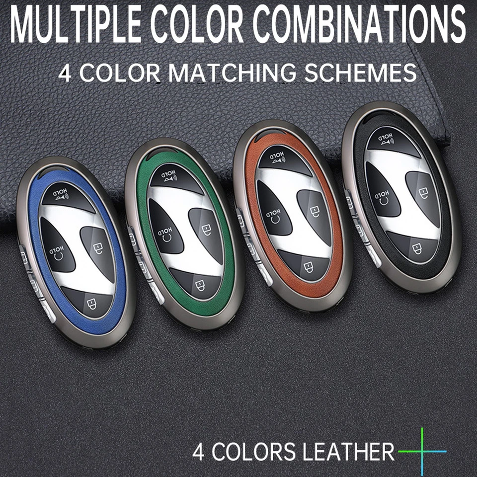 For Hyundai Tucson Sonata Santa Fe Kona Nexo Metal Leaher Car Key Fob Cover Case - Image 3 of 4