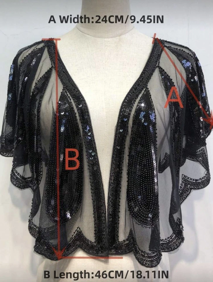 Chal de lentejuelas, capa de encaje transparente encogido de hombros bolero chal noche cárdigan negro/plateado Foto 4 de 4
