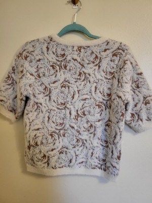 Tahari Cropped Blue Brown Rose Pattern Pullover Sweater Soft Size Medium