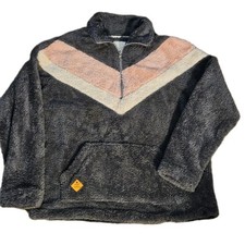 Simply Southern Women  s Large Sherpa Fleece 1/4 Zip Pullover Gray Pink Chevron