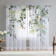 Green Eucalyptus Leaves Curtains 63" Set of 2, Floral Spring Chiffon Drapes....