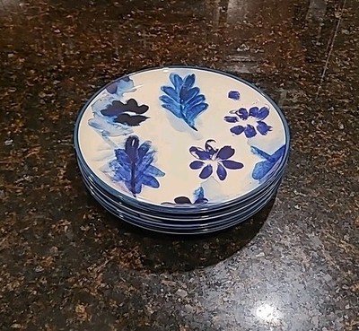 SET (4) Threshold CARIA Earthenware 7 7/8'' Salad Plates. Blue and White Floral 