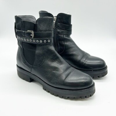 4US Cesare Paciotti Black Buckle Boots Women's EU 40 Leather Side Zip Emo Goth