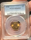 1938 LINCOLN WHEAT CENT PCGS MS 66RD BEAUTIFUL RED SPECIMEN PQ