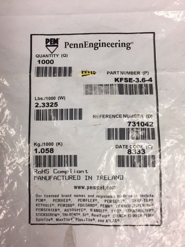 Penn Engineering KFSE-3.6-4 Broaching Standoff 300 Series Stainless Steel QTY 25 - Picture 1 of 2