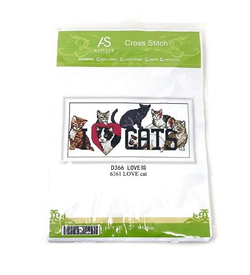 Anself Cross Stitch Kit I Love Cats 14ct Needlework Embroidery Cat Kitten 