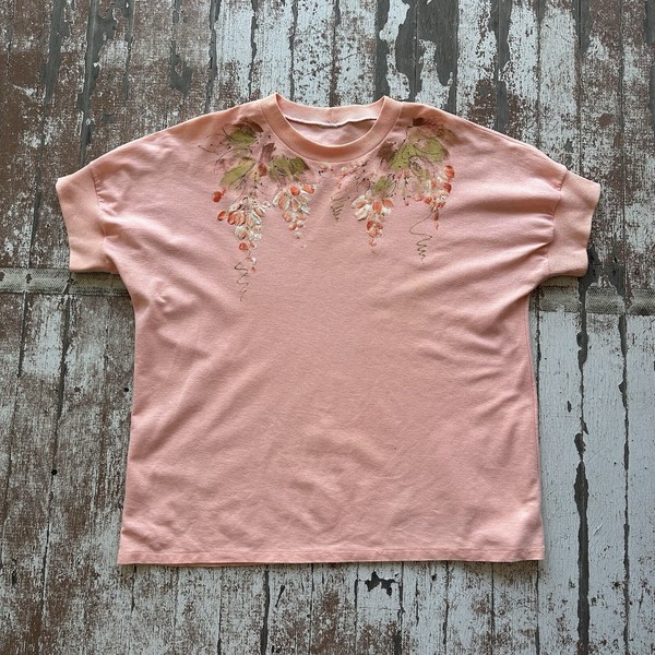 Handmade T-shirt Women/ M/L Apricot Orange Hand Painted Dolman Sleeve Floral