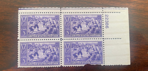# 855 Plate Block of 4 , MHN - OG, BASEBALL CENTENNIAL, 1937, ACTUAL ITEM...