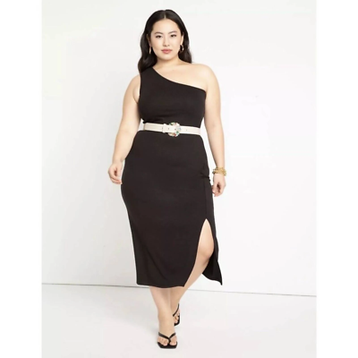 eloquii one shoulder dress Elegant One Shoulder Flower Midi Dress, Black Onyx