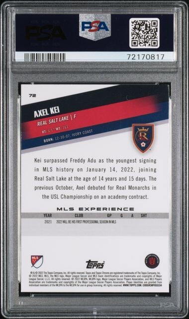 2022 Topps Chrome MLS Axel Kei Pink X-Fractor PSA 10 GEM ROOKIE RC