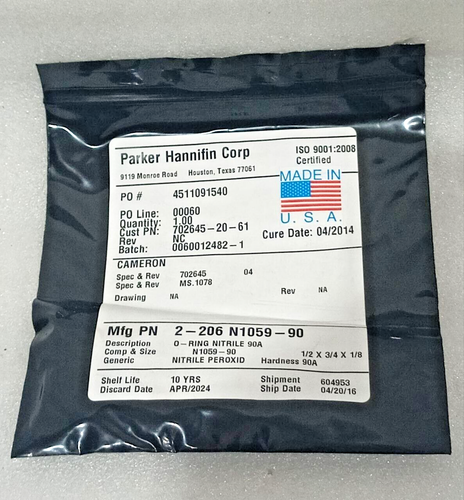 PARKER CAMERON 702645-20-61 2-206N1059-90 O-RING NIRTILE 90A NEW FAST SHIPPING - Picture 2 of 5