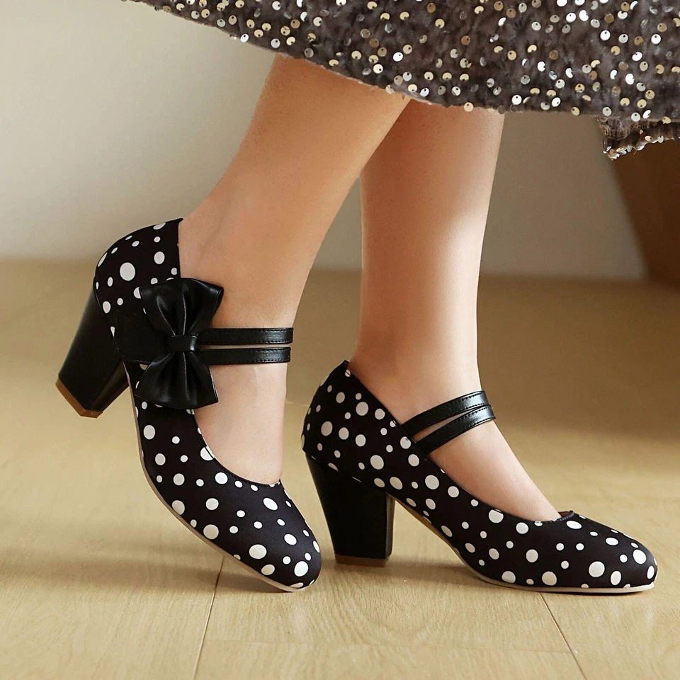 Moda Para mujeres Moño Tacones en Bloque Zapatos Dulce Vestido Fiesta Lunares Lolita Talla Foto 2 de 4