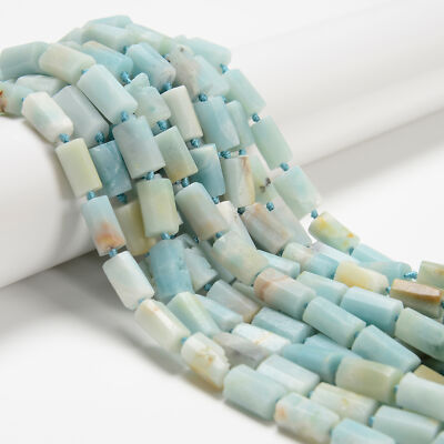 Natural Light Blue Amazonite Matte Faceted Cylinder Tube Beads