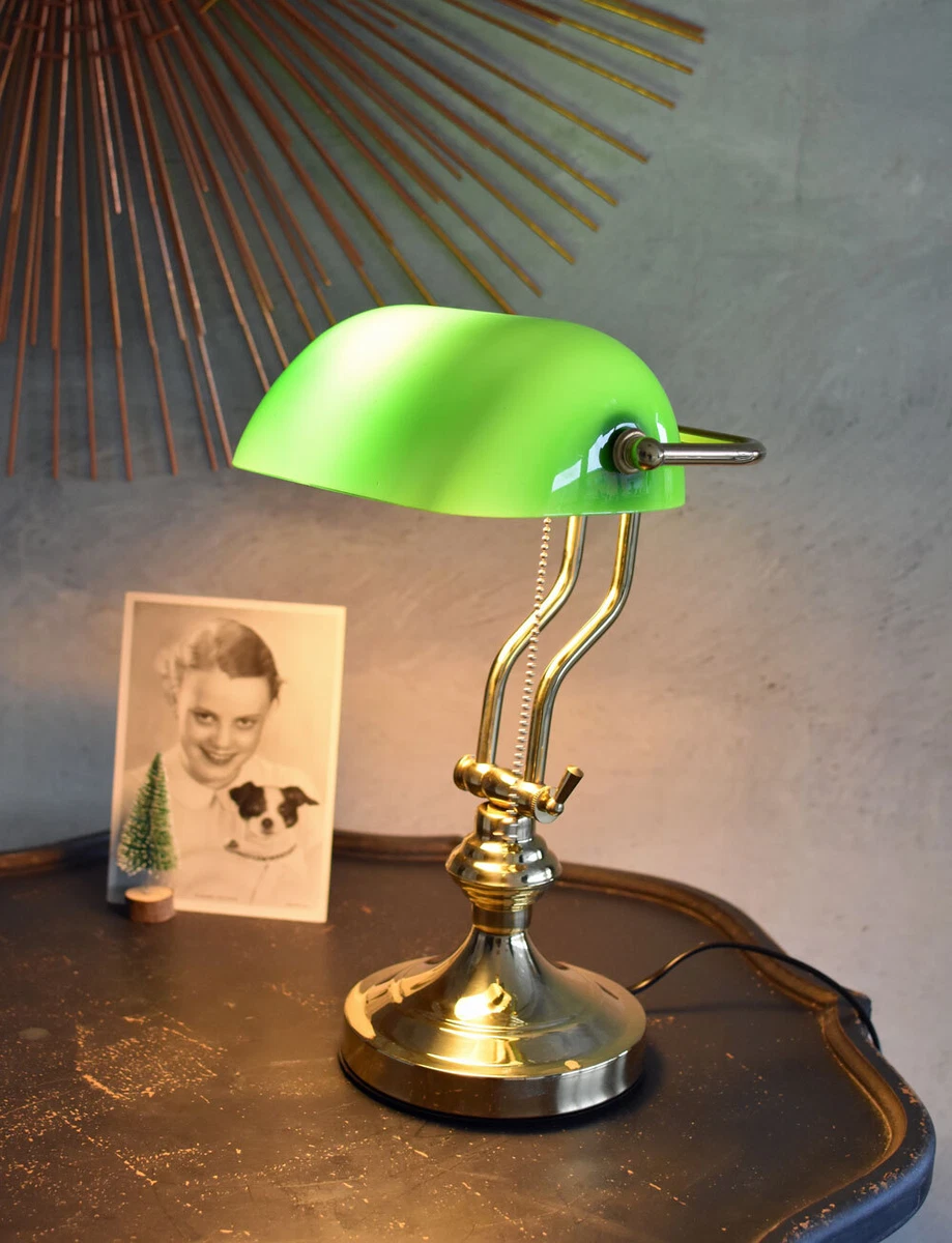 Lampe de Banquier Avec Tirette Bureau Vert Table Laiton Lecture Vintage