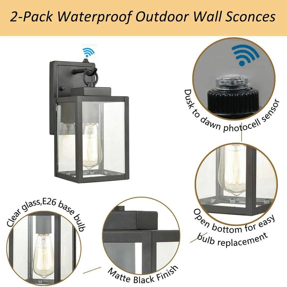 Luz de porche exterior luz de montaje en pared con atardecer a amanecer | Paquete de 2 iluminación exterior Foto 4 de 4