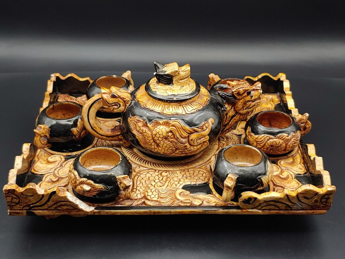 藏传佛教寿山石雕龙凤嵌螺钿黑釉茶台茶壶Tibet Shoushan Stone 藏传佛教寿山石雕龙凤嵌螺钿黑釉茶台茶壶Tibet Shoushan Stone