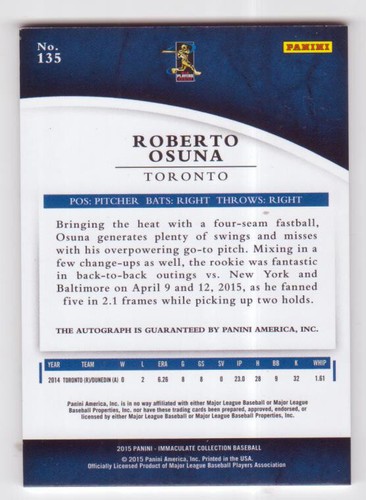 "Inmaculada" Roberto Osuna 2015 Panini #135, #10/49 automático tarjeta de novato (A) casi nueva - Imagen 2 de 2