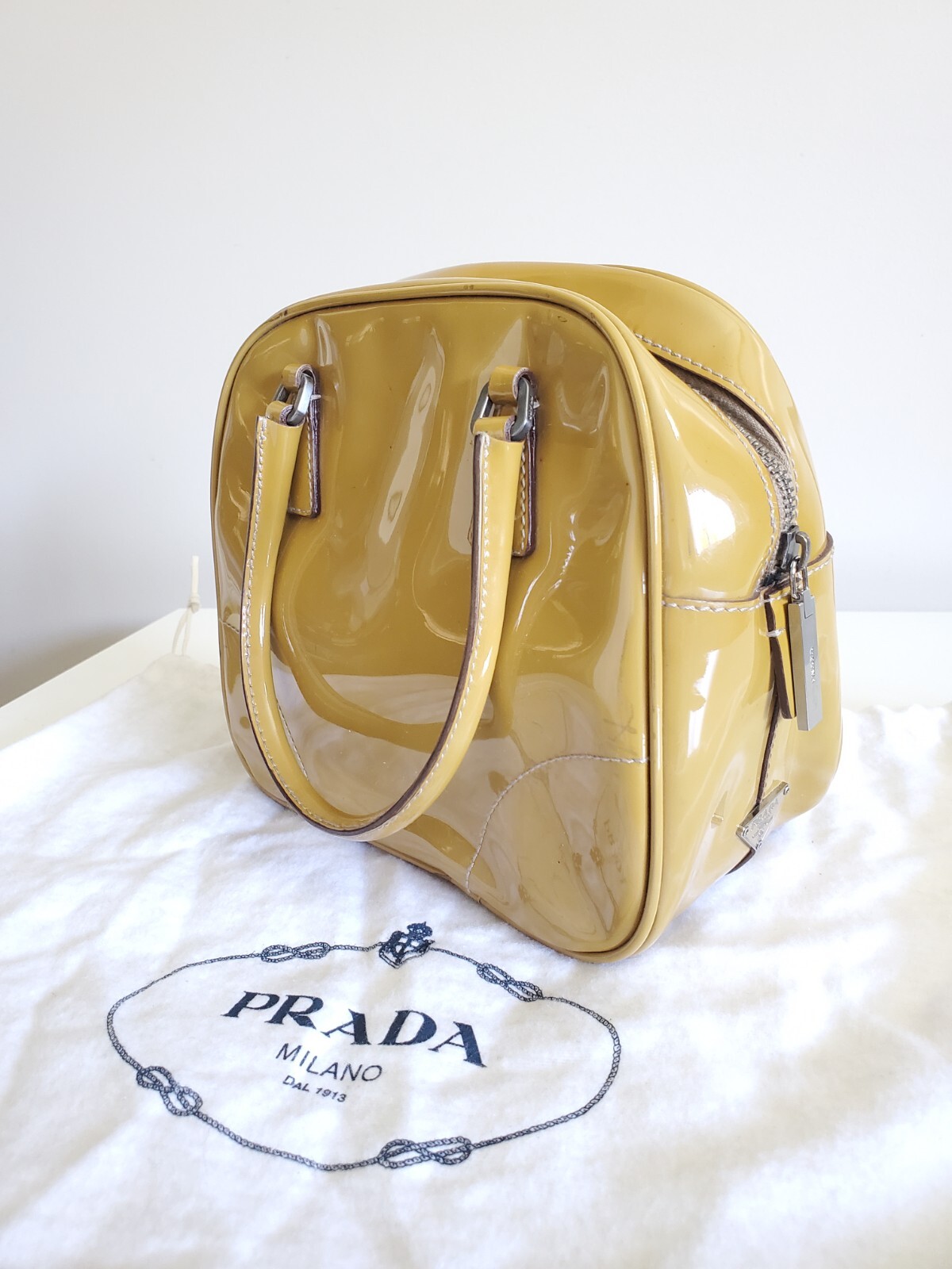 PRADA Patent Leather Bauletto 24 Mini Bag Mustard Yellow Brown Small Handbag 