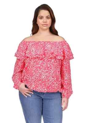 Michael Kors Women's Ocelot Ruffle Trim Top, Deep Pink, 1X