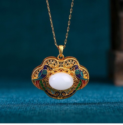 Jade Enamel Pendant Necklace Lucky Birds Charm 18K Gold Plated Dainty Gemstone - Picture 5 of 6