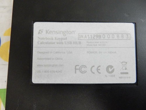 Kensington Notebook Keypad Calculator with 2 port USB Hub K72274 Tested Working - Picture 4 of 4