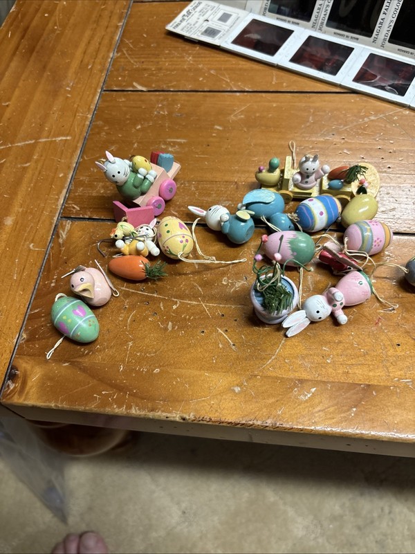 16 Vintage Easter Tree Decorations Wooden Ornaments Bunnies Chicks Eggs Train