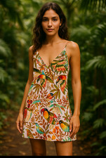 Farm Rio Dress Womens Small Into The Jungle Mini Parrot Bird Linen Viscose New