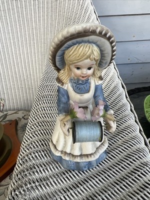 Vintage Girl Figurine Blue Dress Holding Thread Pincushion Pin Cushion  Hat