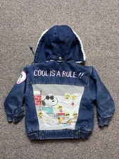 Vintage Snoopy Sherpa Lined Denim Jacket YOUTH 6 RARE Peanuts Joe Cool 80s