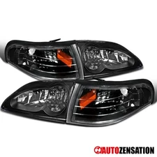 Fit 1994-1998 Ford Mustang Black Headlights+Corner Signal Lamps Left+Right 94-98