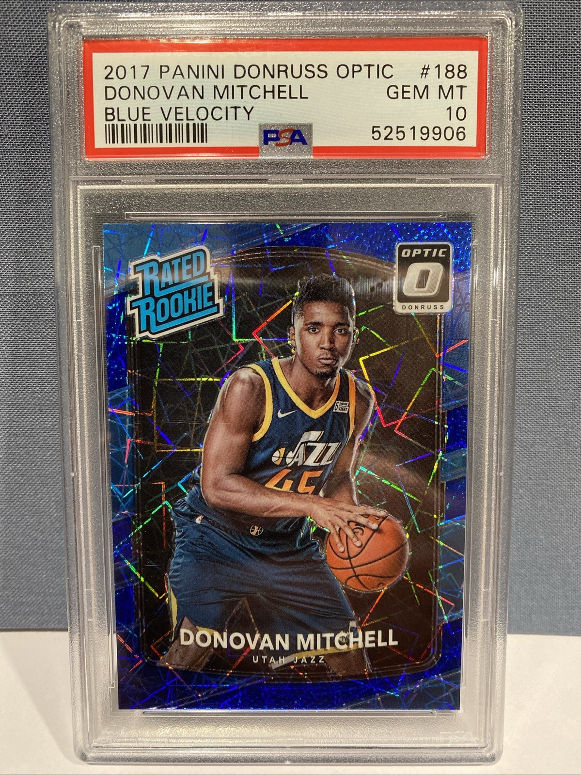 2017-18 Donruss Optic Donovan Mitchell Blue Velocity Prizm Rookie #188 PSA 10